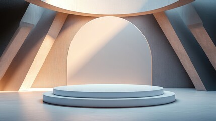 Two-Tiered Circular Platform in a Geometric Room with Light Filtering Through Arched Openings
