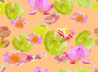 Watercolor feminine Floral Seamless Pattern with lotus. Flower repeat background for fabric. Can be used for gift wrap, fabric, cover and interior design with flowers.