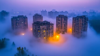 Obraz premium Urban Fogscape Skyscrapers Emerging from Mist at Dusk