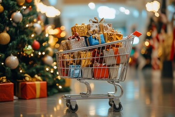 Photo of a large cart with Christmas gifts in mall against the background of a Christmas tree with garlands.