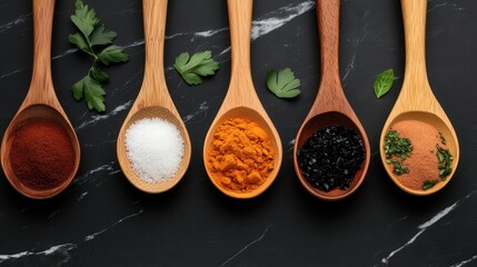 Wooden Spoons with Spices and Herbs on Black Marble Background