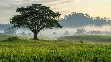 Fototapeta premium Majestic solitary tree in misty green landscape at sunrise