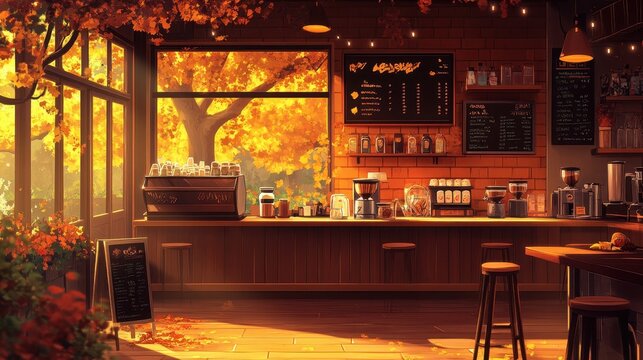 autumn night cafe wood interio twitch zoom vtuber asset obs screen anime chill hip stream overlay loop background interior of a coffee shop woodsy aesthetic during fall orange tones