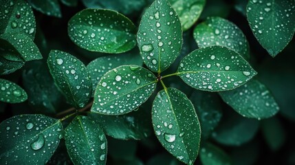 Obraz premium Close-up of vibrant green leaves with fresh water drops