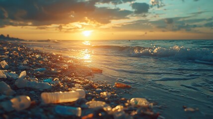 Obraz premium Plastic waste scattered on beach at sunset, ocean pollution
