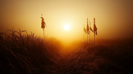 Silhouetted Flags at Sunrise in Misty Field
