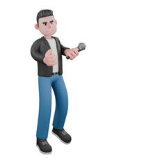 3D Musician Character Design. a male musician stands holding a microphone in his left hand. Animated Performer