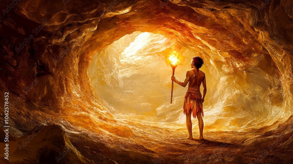 Poster man with torch exploring dark cave entrance