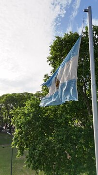 bandera argentina flameando sobre sol, cielo azul	