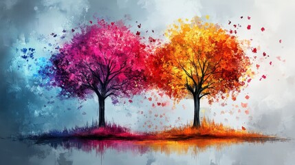 Colorful trees with vibrant splashes of paint, showcasing artistic beauty in nature. Ideal for decorative purposes.
