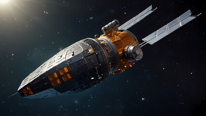 Fototapeta premium a space satellite ship environment. Show a detailed spacecraft with metallic textures, antennas, and solar panels, floating in the vastness of space