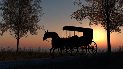 Horse Drawn Carriage Silhouette at Sunset
