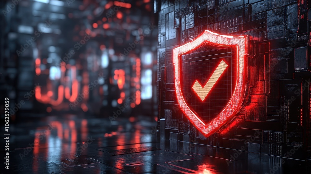 Poster glowing red security shield with a prominent checkmark symbol representing data protection and cyber