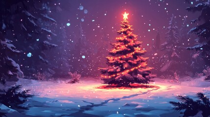 Naklejka premium Decorated Christmas tree with garland lights in winter night forest fantasy landscape background. Happy New Year, Marry Xmas, Winter Holidays concept. Festive wallpaper for greeting card, flyer.