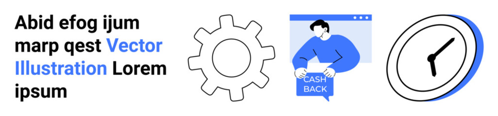 Gear icon, person with cashback sign, and clock highlight technology, finance, and time management. Ideal for tech solutions, promotions, apps, e-commerce, web design, user interface, and marketing