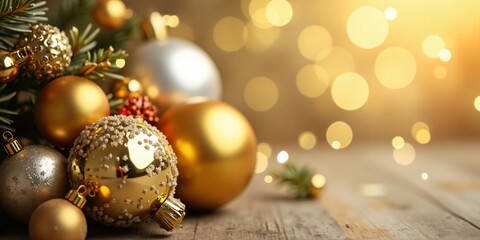 Gold and silver Christmas ornaments clustered on the left side, with a shiny, blurred background on the right for festive greetings or announcements.