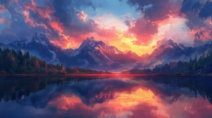 sunset in the mountains at a calm lake that creates a perfect reflection