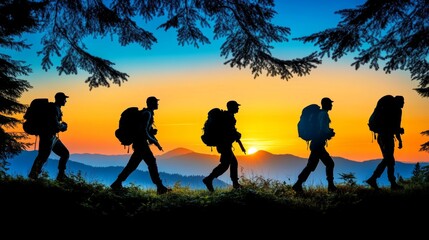 Silhouettes of Hikers on Mountain Trail at Sunset