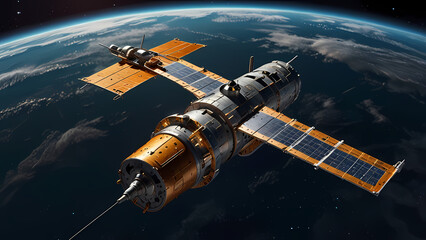 Obraz premium a space satellite ship environment. Show a detailed spacecraft with metallic textures, antennas, and solar panels, floating in the vastness of space