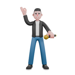 Music Character in 3D. a male musician stands holding a microphone in his right hand and his left hand is raised with a gesture of giving an okay sign.  Vocal Talent Design