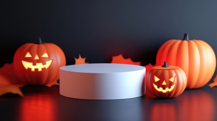 Illuminated Jack-O'-Lantern Pumpkins with White Platform on Black Background