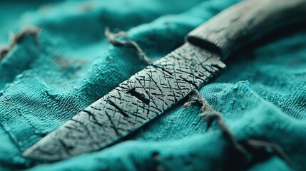Textured Black Surgical Blade on Turquoise Fabric   Medical Equipment Macro Photography