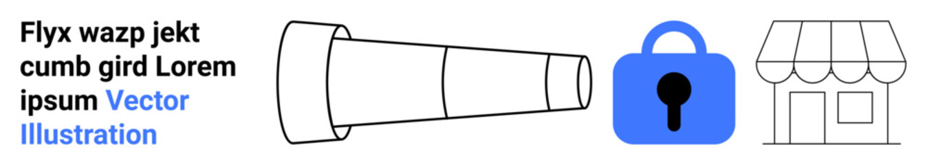 Telescope, blue padlock, and storefront illustration with placeholder text. Ideal for business security, online shopping, financial services, privacy protection, e-commerce, retail marketing