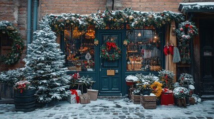 Fototapeta premium Christmas trees and decoration in front of the shop, winter street market, with no people