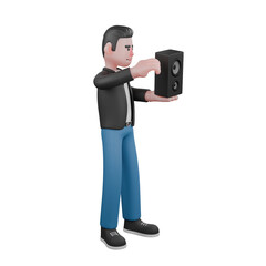 Cartoon Music Artist Character. a male musician stands holding a bluetooth speaker in his hand.  3D Performer