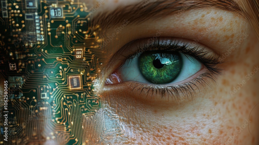 Poster close-up of human face with digital circuits representing ai technology. generative ai image