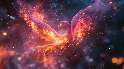 Phoenix emerging from fire with galaxy in elegant studio photography, high detail and sharp focus , luxury. Flaming Phoenix. Illustration