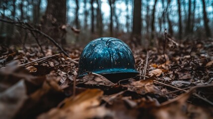 Abandoned Military Helmet in Autumn Forest