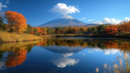 A scenic view of Mount Fuji surrounded by autumn foliage and a tranquil lake.