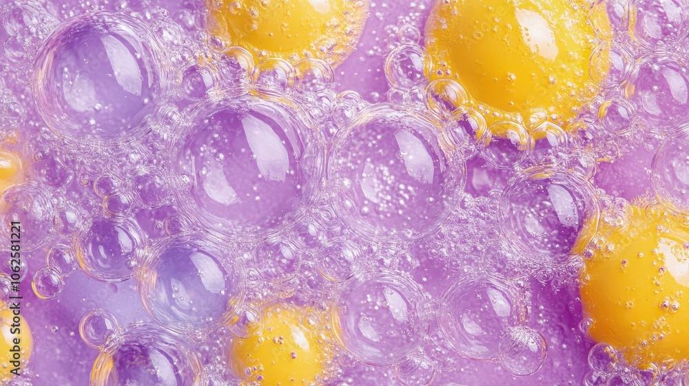 Poster purple and yellow soap bubbles in paint create an abstract design suitable for a colorful background