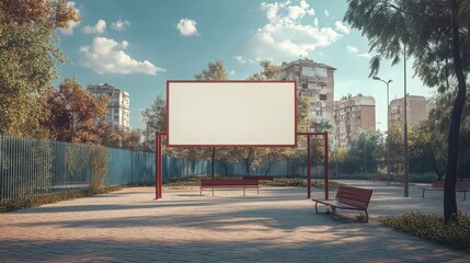 Obraz premium empty advertising white banner with mockup on iron fence on sport playground front view : Generative AI