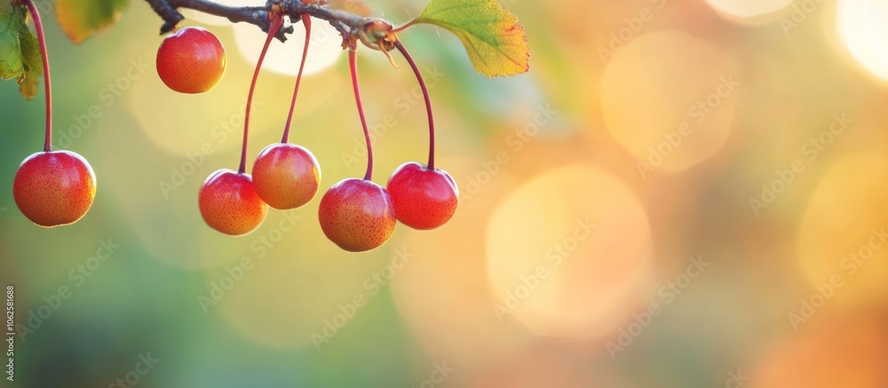 Poster close-up of red and orange berries on a branch with a bokeh background.