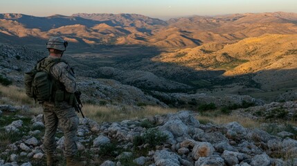 Fototapeta premium Soldier overlooking mountain range at sunset