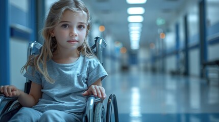 a little girl patient sitting in a wheelchair in a hospital hallway background.