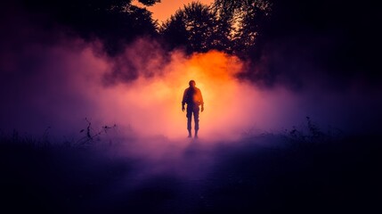 Fototapeta premium Mysterious Silhouette in Foggy Forest at Sunset