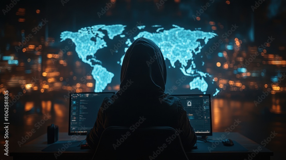 Poster a hooded figure sits in front of a computer, facing away from the viewer, with a glowing blue world 