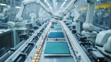 Robotic arms assembling smartphones on a production line in a technology factory during daylight hours