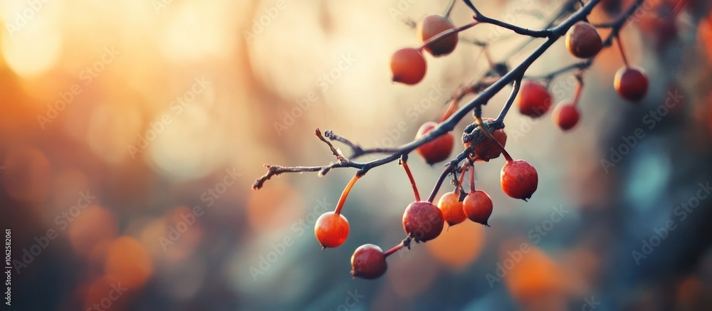 Poster a close up of a tree branch with red berries against a blurred background of golden light.