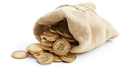 Bitcoin Cryptocurrency Gold Coins in Burlap Sack