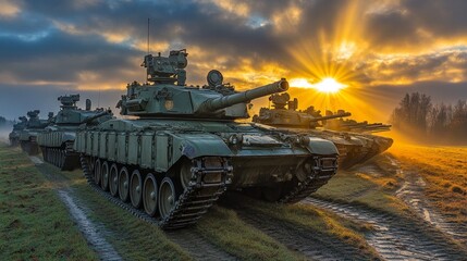 Military Tanks in Formation at Sunset