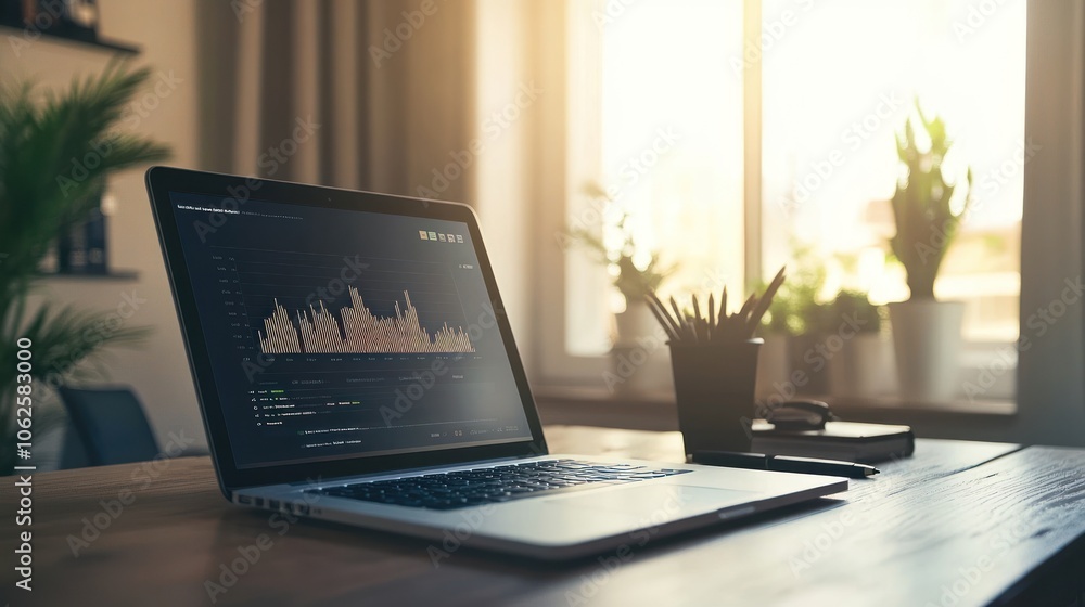 Poster laptop on a desk with a graph displayed on the screen