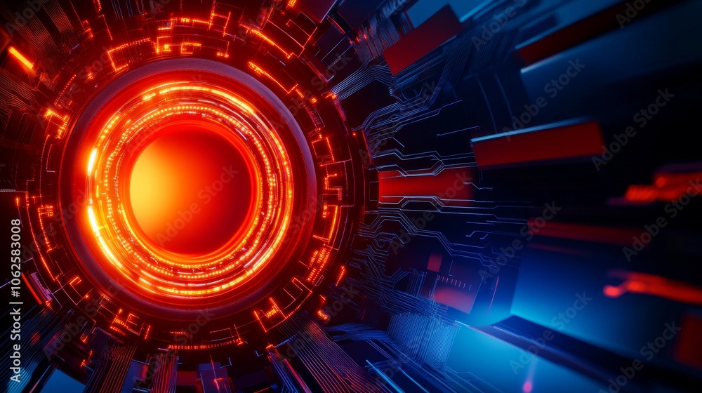 Poster futuristic circular abstract design with glowing elements on a dark background.