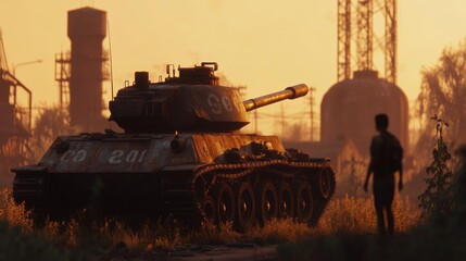 Fototapeta premium Abandoned Tank at Sunset War Ruins Post Apocalyptic Landscape Silhouette