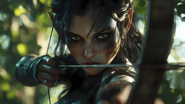 Mysterious dark elf archer in enchanted forest - fantasy 3d render with menacing expression and bow and arrows. Dark Elf Warrior. Illustration