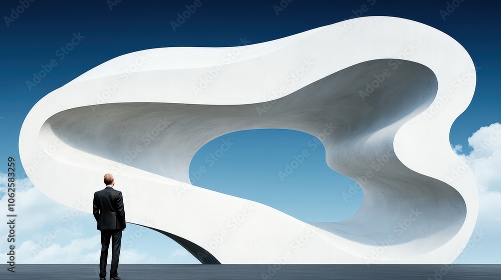 Poster businessman contemplating abstract architecture modern design futuristic structure whit