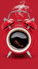 Red alarm clock with steam effect on vibrant red promotional poster
